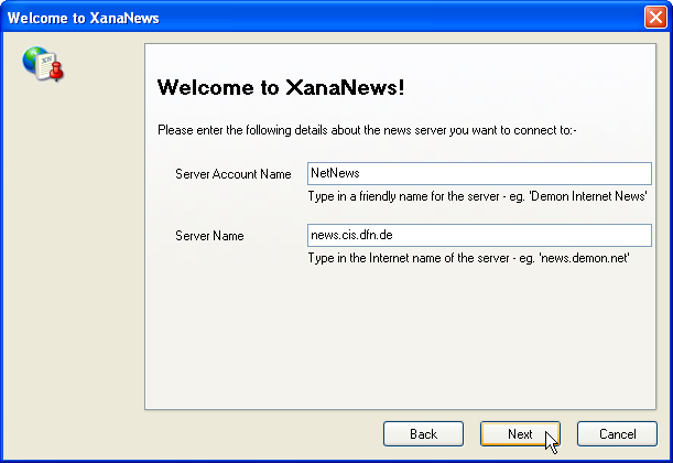 Welcome to XanaNews - Eingabe Server Account Name und Server Name